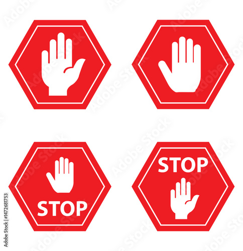 Set of Stop street icon collection. Stop hand sign with text. Red stop sign. Vector Illustration.