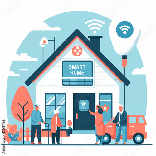 Family interacting with smart home technology outside house