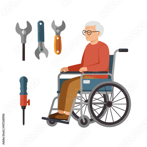 Elderly Person in Wheelchair with Tools  