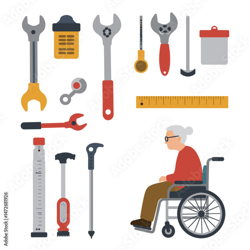 Elderly person in wheelchair surrounded by various tools  