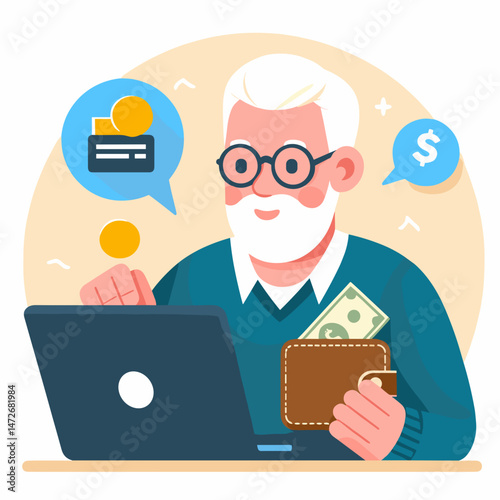 Senior man using laptop with wallet and money