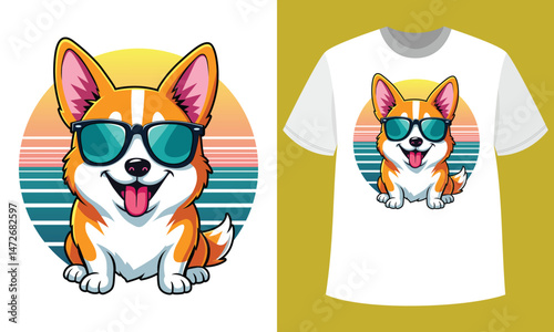 Cool Corgi Dog in Sunglasses - Retro Sunset Summer T-Shirt Design for Dog Lovers and Pet Owners