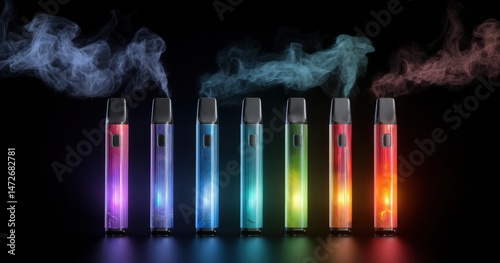 Colorful vapes releasing smoke on black background.