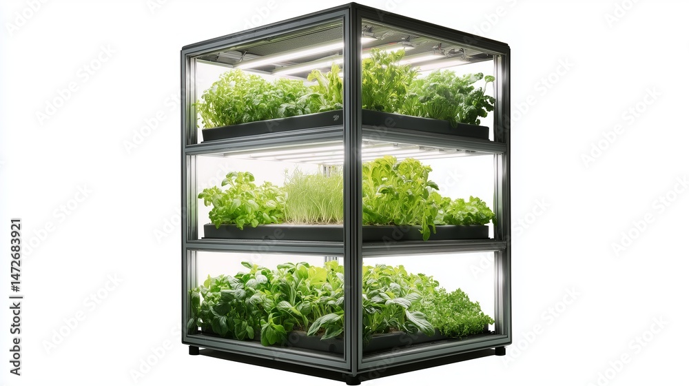 Naklejka premium Vertical farming hydroponic tower showcasing vibrant leafy greens in a studio setting with white background