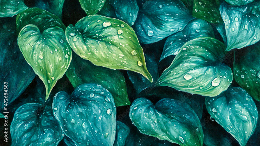 Obraz premium Wet Green Leaves with Deep Shadows and Droplets