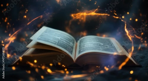 Open book with glowing fire illuminating pages on a dark mysterious background