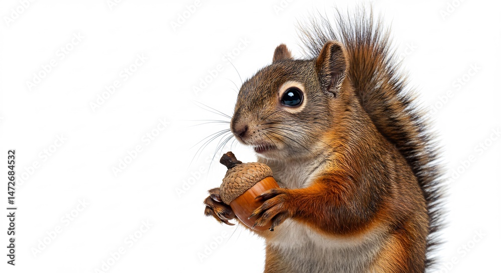 Obraz premium 愛らしいリスがどんぐりを食べる瞬間 白い背景で鮮明. AI Generated