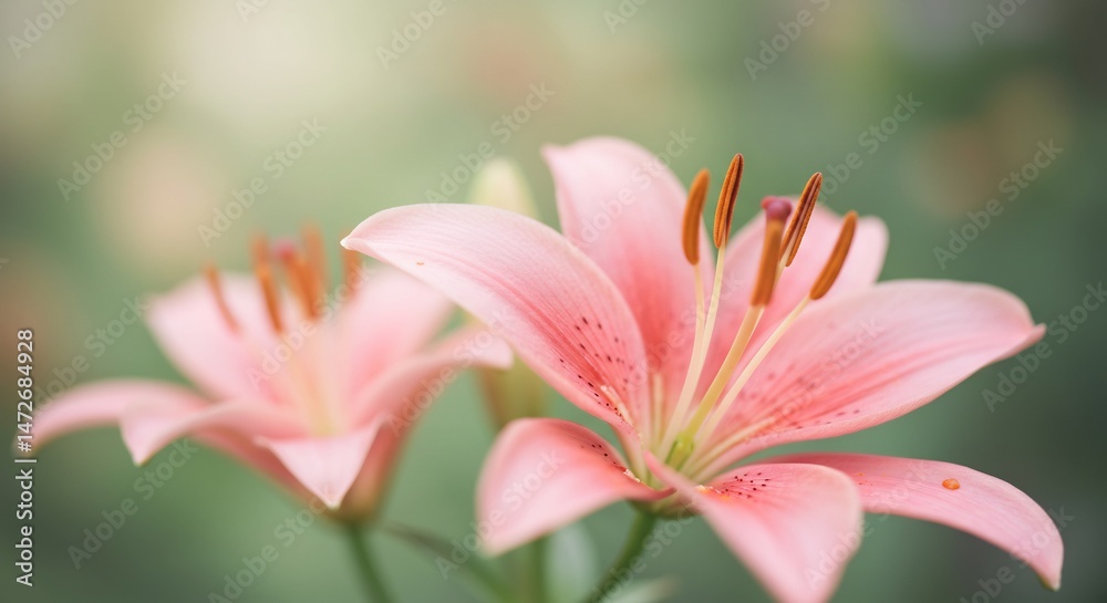 Fototapeta premium 柔らかな光に包まれた淡いピンクのユリ二輪. AI Generated