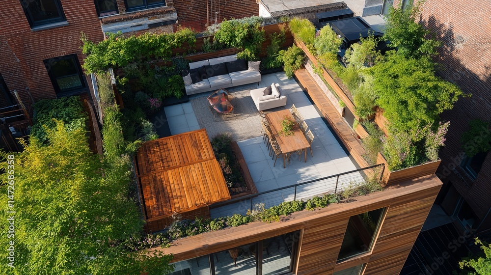 Naklejka premium Urban rooftop garden with modern design, seating area in a serene city setting