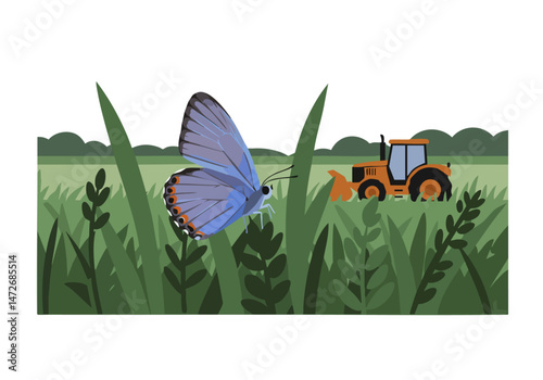 A blue Karner Blue butterfly rests on grass near a bulldozer in a field. Illustrative style highlights habitat loss.  Clear composition, vibrant colors.