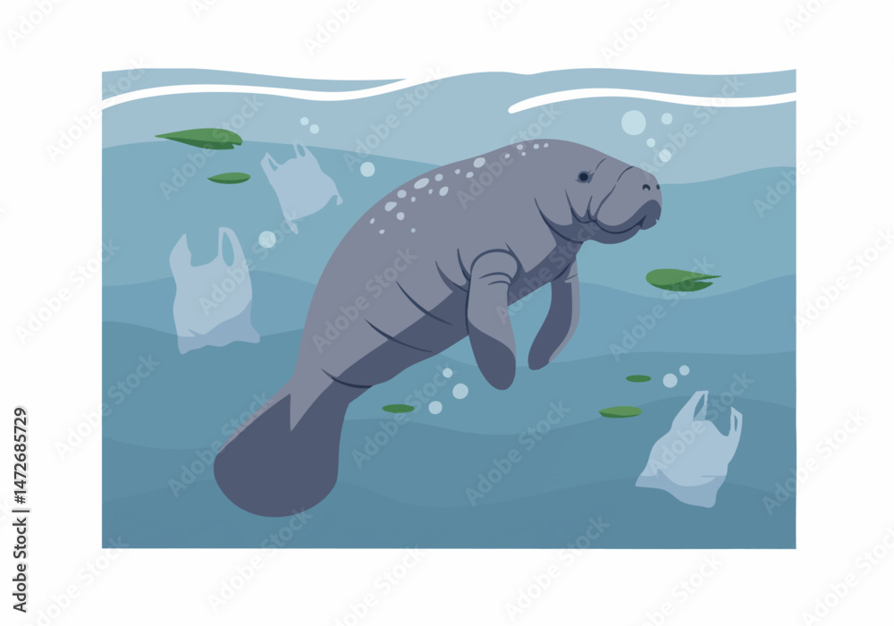 Naklejka premium A manatee swims amidst plastic debris in a blue underwater scene. Illustrative style highlights the impact of pollution on marine life. Visually striking and impactful.