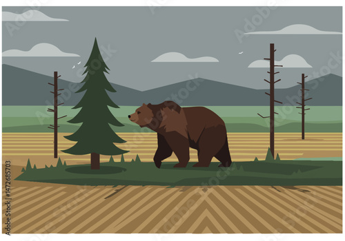 majestic grizzly bear stands in a scenic landscape near a pine tree The illustration features a stylized earthy color palette and a clear inviting composition 