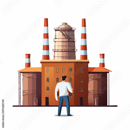 Businessman watching industrial factory processing plant with smoking chimneys
