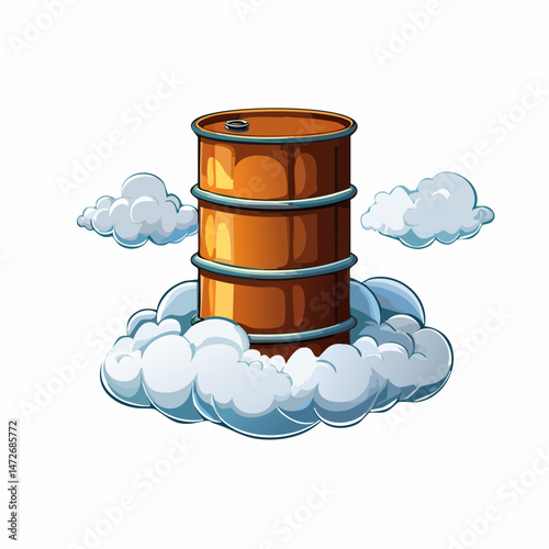 Cartoon wooden barrel floating in the cloudy sky, representing abstract concepts related to oil industry, storage, transportation, and the environment