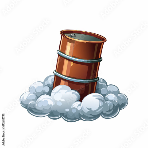 Cartoon wooden barrel floating in the cloudy sky, representing abstract concepts related to oil industry, storage, transportation, and the environment