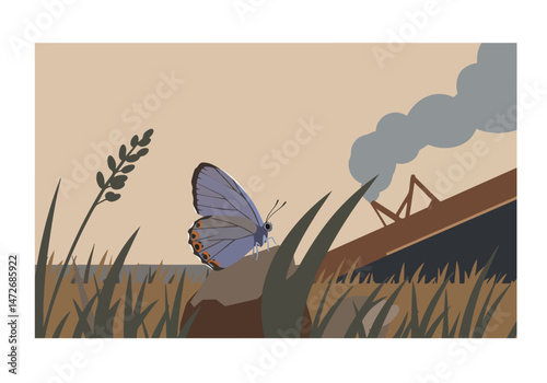 A stylized illustration depicts a Karner Blue Butterfly near a damaged bridge, symbolizing habitat loss. A muted, earthy palette and graphic style create a poignant visual.