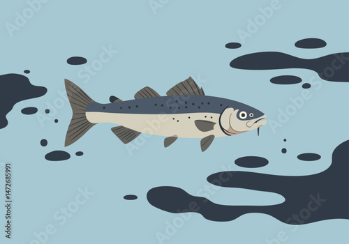 A stylized whitefish swims through polluted water, highlighting the impact of water pollution. Clean, graphic illustration with a focus on environmental concern.