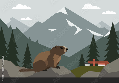 A Vancouver Island marmot surveys its habitat amidst mountain views and encroaching development. Illustrative style, highlighting habitat loss. Suitable for environmental awareness campaigns.