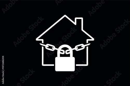 Secure home concept depicted through locked house outline symbol on a black background