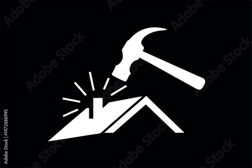 Black and white illustration of a hammer striking a house roof indicating repair services