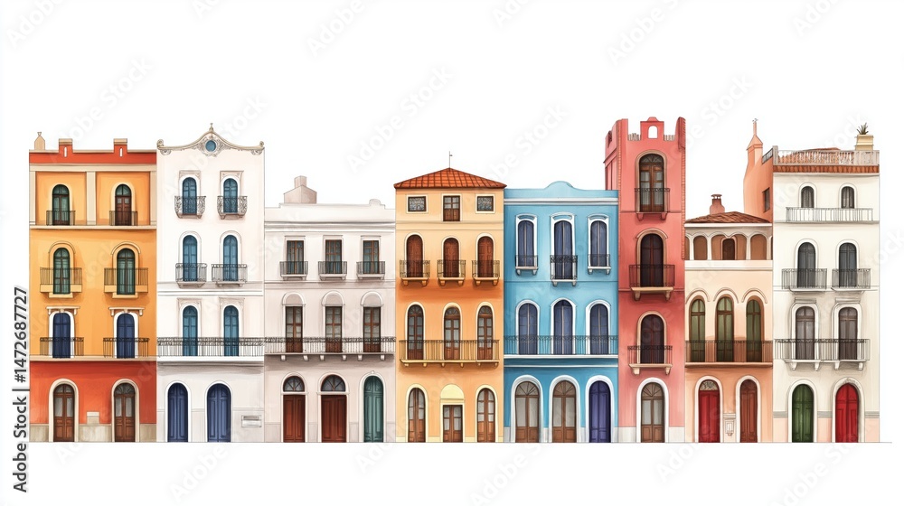 Fototapeta premium Colorful building facades line with unique architectural styles