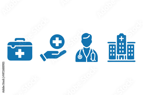 Blue medical icons depicting healthcare emergency kit doctor hospital and medical care