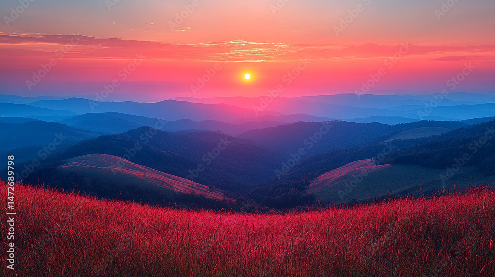 Fototapeta premium A vibrant sunset casts warm, golden hues over rolling hills and a vast wheat field, capturing the serene beauty of nature at twilight. The rich colors of the sky blend seamlessly with the golden crops