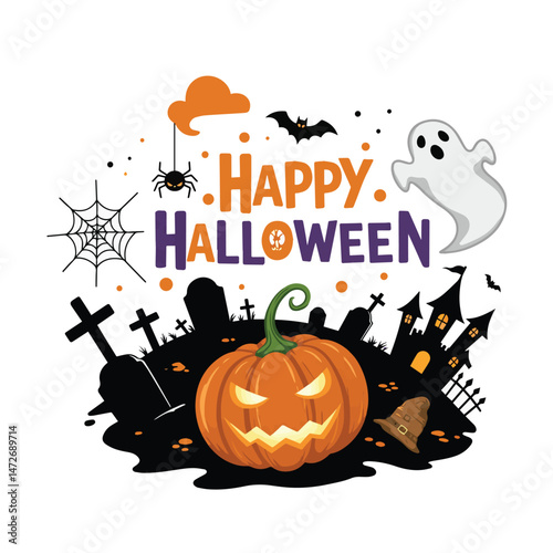"Happy Halloween" is written in orange and purple above a spooky scene with a grinning pumpkin, tombstones, a haunted house, a ghost, a bat, a spider hanging from a web, and an orange cloud.