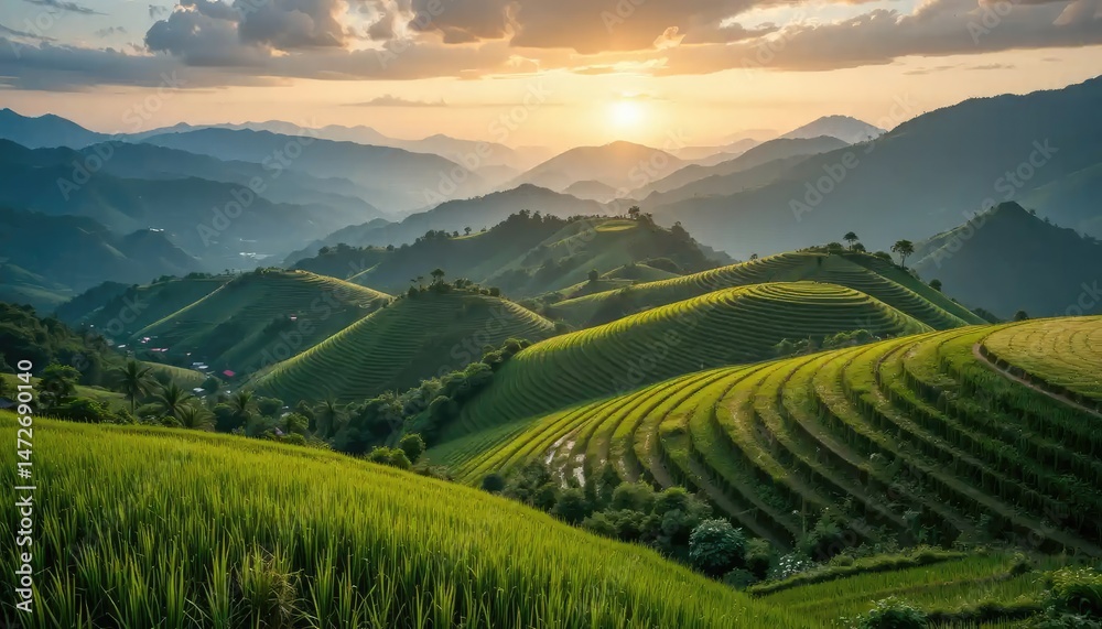 Fototapeta premium Golden Hour Rice Terraces: A Breathtaking Sunset View in the Mountains