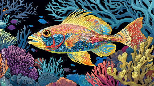 Colorful wrasse fish swimming among vibrant coral reef underwater   photo