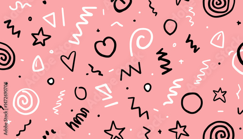 Memphis Fun Geometric Seamless Pattern � Retro 80s and 90s Style with Stars, Triangles, Hearts, Zigzags, and Spirals in Cute Kid Doodle Design