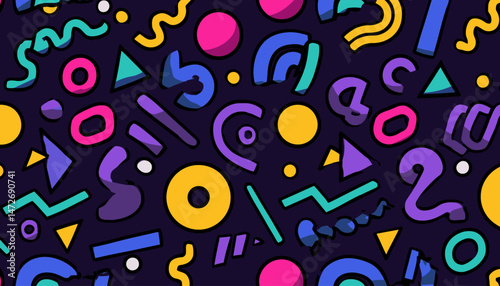 Memphis Geometric Seamless Pattern � Multicolor Retro 80s 90s Abstract Design with Shapes and Doodles