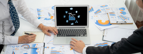 Cost reduction, cost saving concept shown on computer screen brisk, corporate business efficiently save cost and company resources by reduction of unnecessary expenses