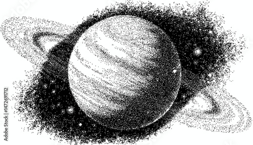 Planet with Halftone Stipple Effect � Grunge Punk Y2K Vector Illustration with Grainy Photocopy Texture for Retro Collage Banner Design