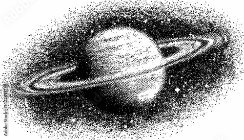 Planet with Halftone Stipple Effect � Grunge Punk Y2K Vector Illustration with Grainy Photocopy Texture for Retro Collage Banner Design