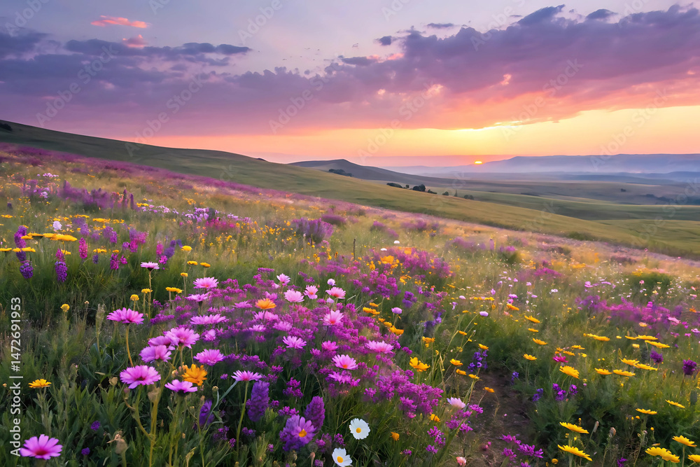 Obraz premium Vibrant Wildflower Meadow at Sunset, Tranquil Landscape, Summer Bloom, Peaceful Countryside, Romantic Evening, Nature Beauty, Scenic, Colorful Flowers, Inspirational Scene