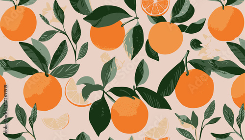 Seamless Orange Fruit Pattern � Trendy Summer Vector Background for Fabric or Wallpaper