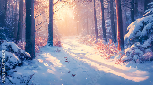 Winter Trail in Snowy Forest with Soft Morning Sunlight photo