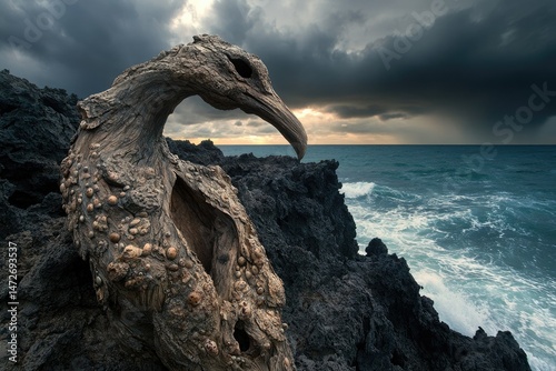 A weathered driftwood bird-like sculpture perched dramatically on dark volcanic rocks overlooking a turbulent ocean under a brooding sky.