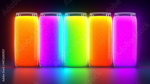 Colorful Beverages: An artful composition of five vibrant beverages, each radiating with a unique, neon hue. A visually stunning presentation of refreshment.