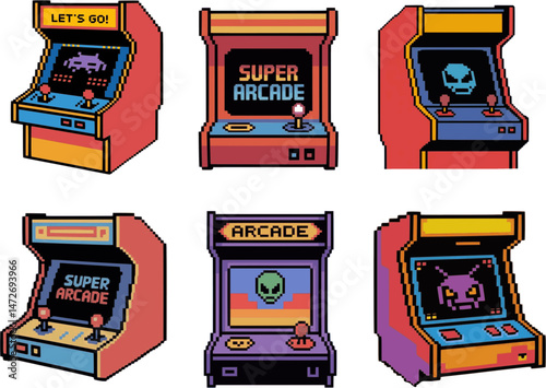 Pixel Art Retro Arcade Game Machine Vector Set – 8-Bit Style Vintage Gaming Cabinets for Nostalgic Designs, Posters, Stickers, and Game - Vintage Gaming machines