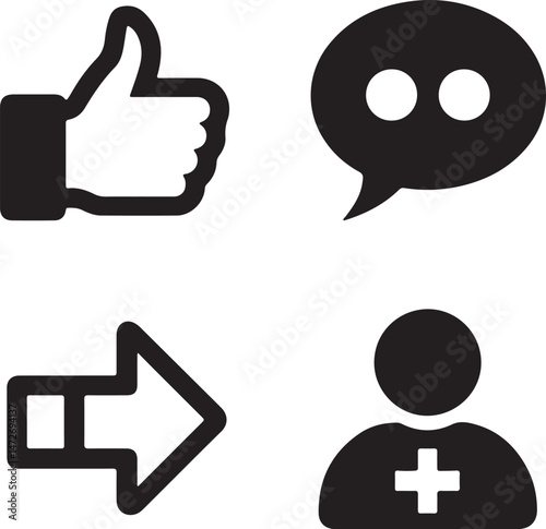 Social Media Icon Set – Like, Arrow, Profile & Chat Bubble Silhouettes


