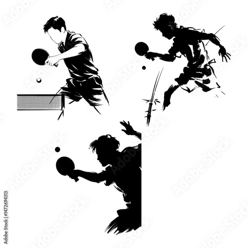 set of silhouettes of male athletes or table tennis players. isolated on white background