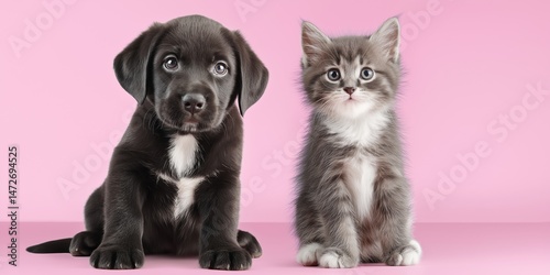 A black puppy and a gray kitten are sitting next to each other on a pink background. The dog is looking at the camera while the cat is looking away