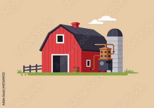 A charming illustration depicts a red barn with a stilling well, celebrating National Moonshine Day. A rustic, stylized scene with a clear, bright aesthetic.