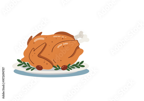 A beautifully presented rotisserie chicken on a plate, garnished with greenery. 'Rotisserie Chicken Day 2025' text adds a festive touch. Clean, modern illustration.