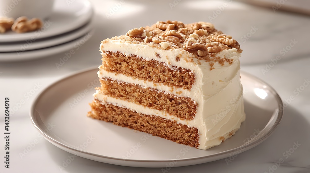 A delicious homemade carrot cake featuring layers of frosting and walnut pieces for added texture.
A delicious homemade carrot cake featuring layers of frosting and walnut pieces for added texture.