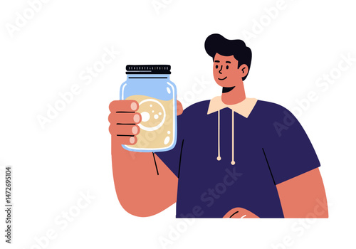 A smiling man enjoys a glass of moonshine on National Moonshine Day.  Bright, cheerful illustration with a modern style. Perfect for marketing and social media.