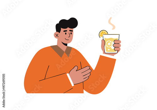 A stylish man enjoys a refreshing drink on Moonshine Day 2025.  Warm colors and a relaxed pose create a cheerful, inviting illustration. Perfect for branding and social media.