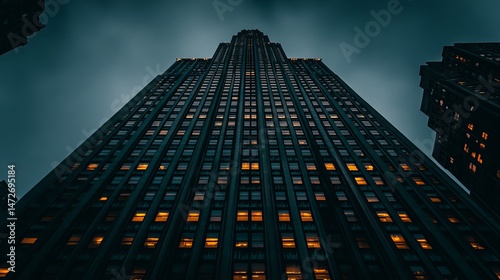 Wallpaper Mural Towering Skyscraper Under Dark Clouds, Illuminated by Golden Sunset Glow — Mysterious Urban Landscape, Atmospheric Photography Torontodigital.ca